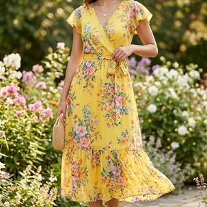 NWT Donna Ricco Floral Chiffon Midi Dress 8 Yellow Multi Flutter Sleeve Faux Wra